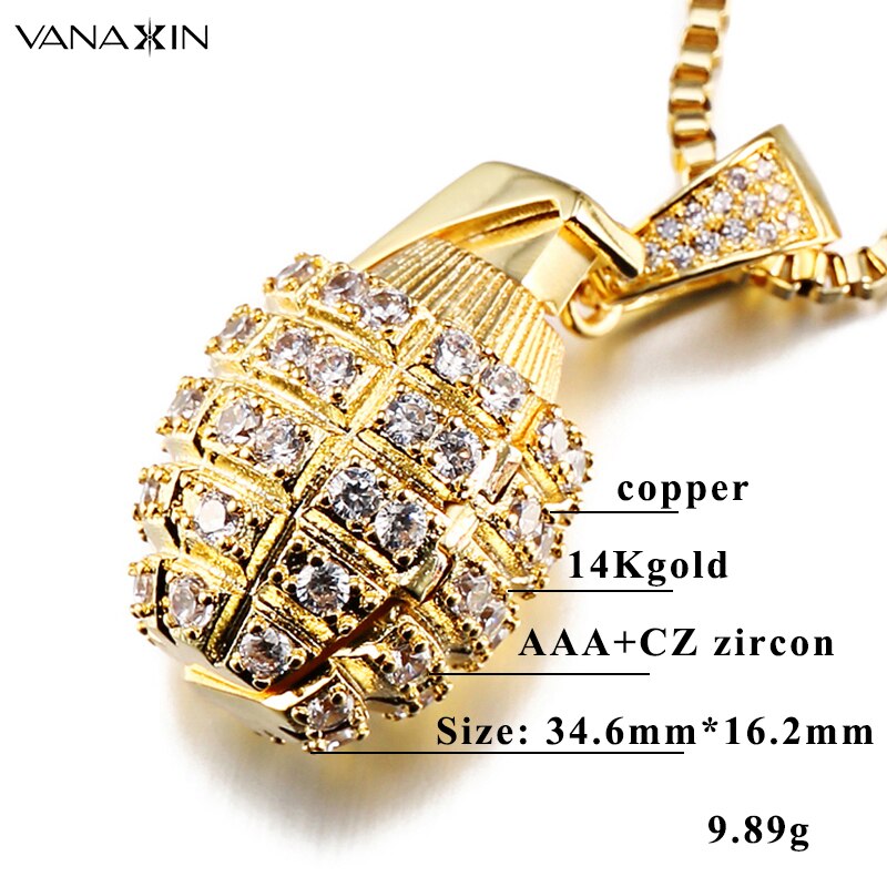 Stainless Steel Cubic Zirconia Grenade Pendant Necklace for Men