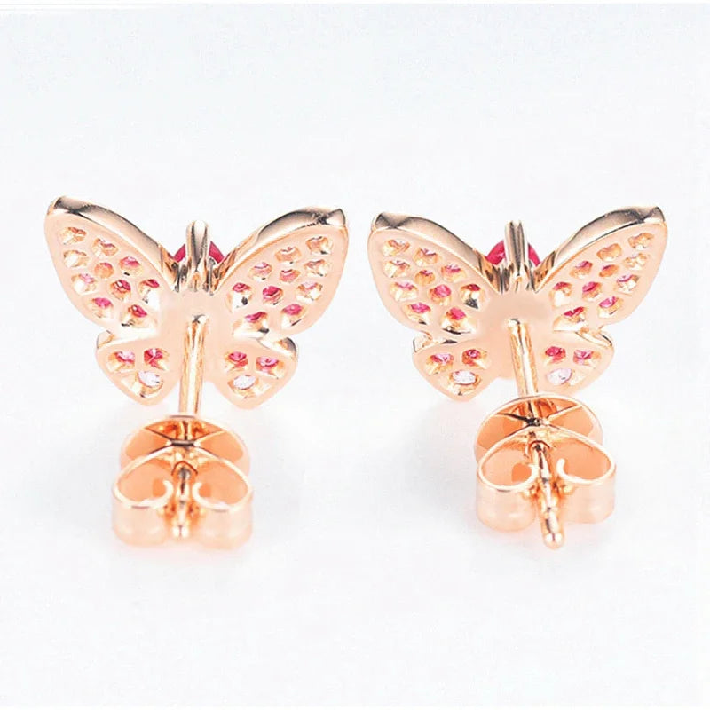 18K Rose Gold Ruby and Sapphire Butterfly Earrings for Women