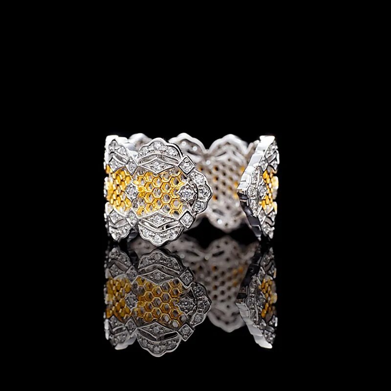 Sterling Silver Gold Plated Honeycomb Lace Open Ring for Women