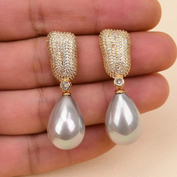 Gold Plated Natural Gray Sea Shell Pearl Teardrop CZ Earrings for Women