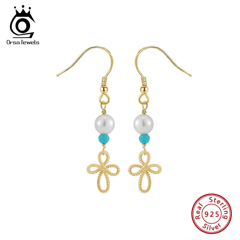 S925 Silver Turquoise & Shell Pearl Flower Dangle Earrings, for Women