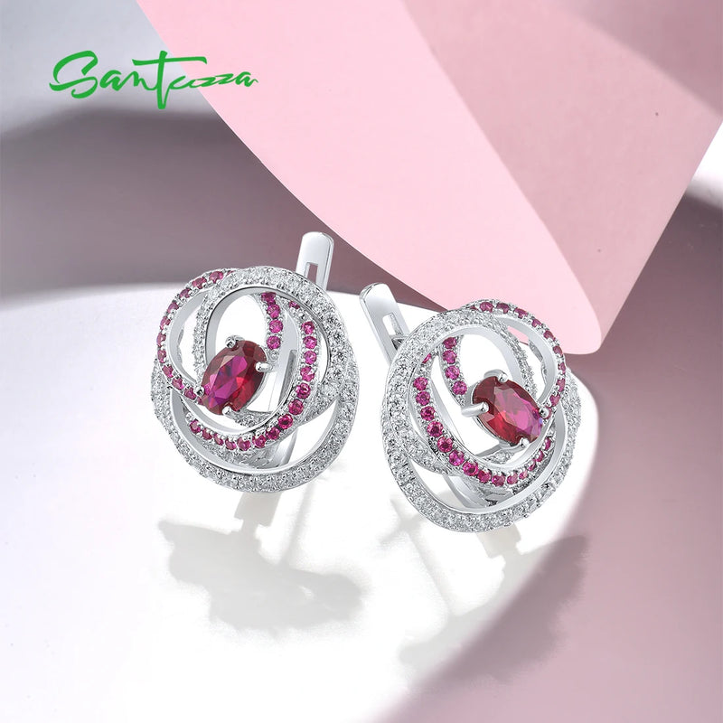 925 Sterling Silver Created Ruby & White CZ Earrings for Women