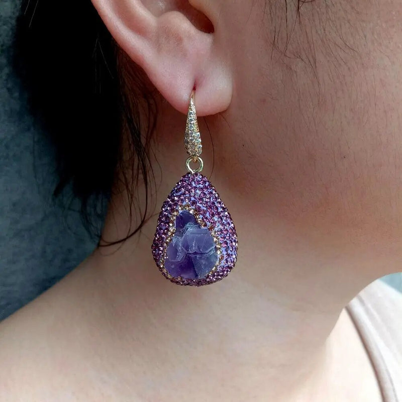 Sterling Silver Amethyst Rough Pave Dangle Earrings for Women