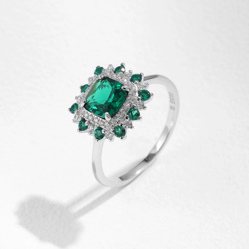 925 Sterling Silver Oval Emerald and Diamond Ring for Women