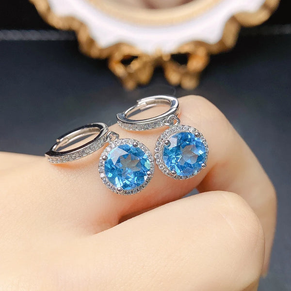 S925 Sterling Silver 8mm Circular Natural Topaz Earrings for Women