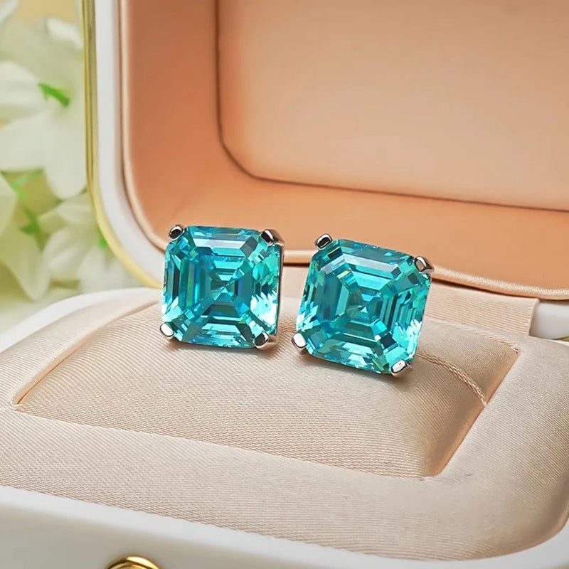 Sterling Silver Asscher Cut 10x10MM Aquamarine Citrine Gemstone Stud Earrings for Women