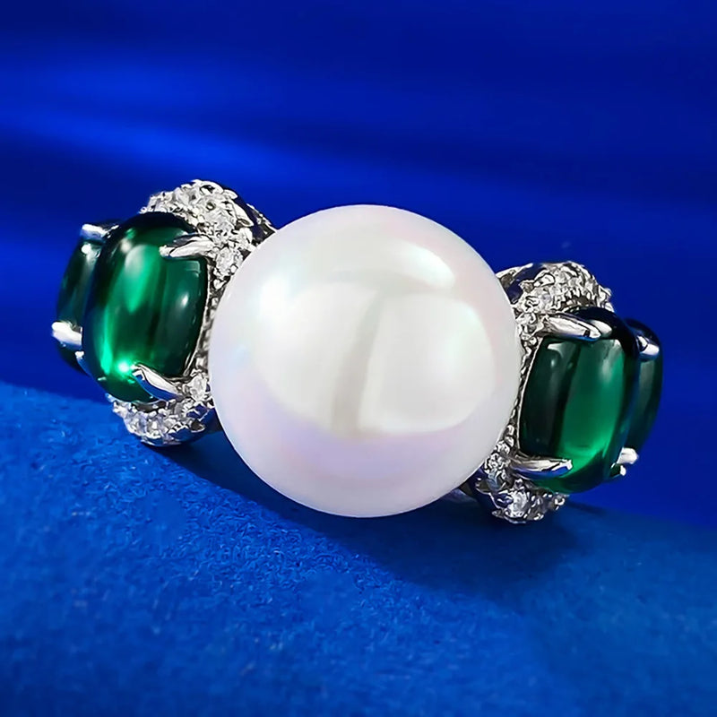 Solid 925 Silver Round Pearl & Emerald Ring for Women