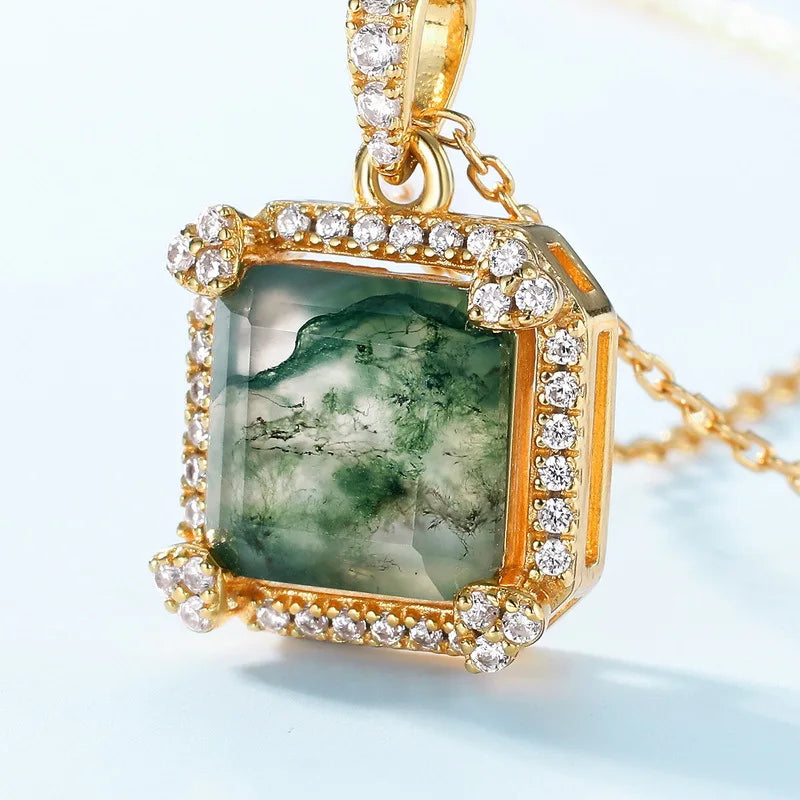 Sterling Silver Moss Agate Pendant Necklace for Women