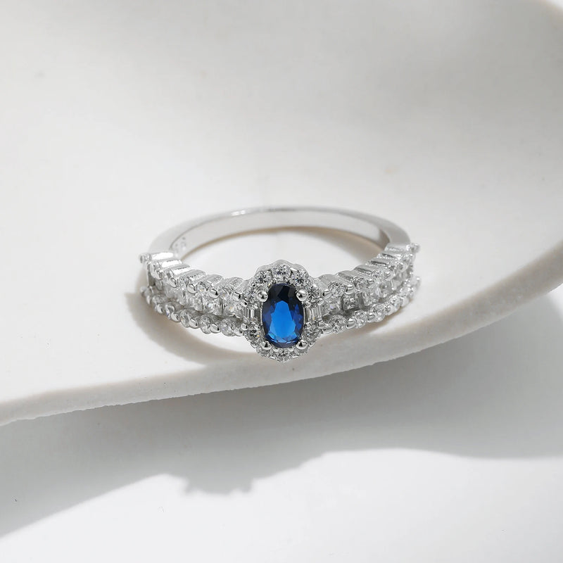 Sterling Silver Oval Blue CZ Ring for Women