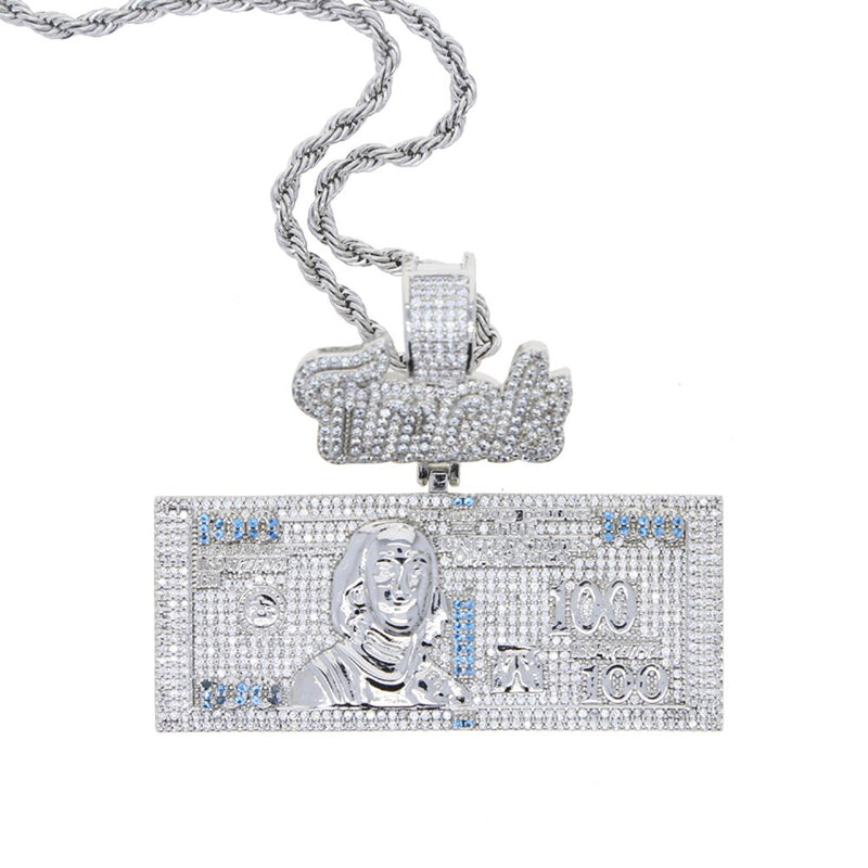 Silver Color Iced Out Cubic Zirconia Dollar Pendant Necklace for Men