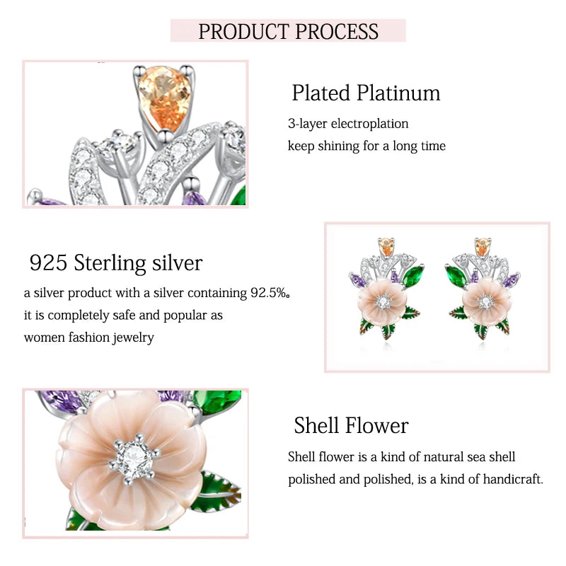 925 Sterling Silver Shell Flower Earrings with White Champagne Zircon for Women