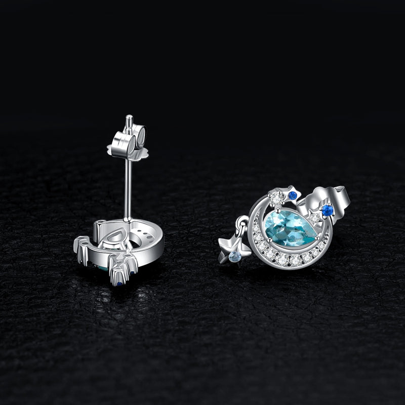 925 Sterling Silver Sky Blue Topaz & Created Sapphire Moon Star Stud Earrings for Woman