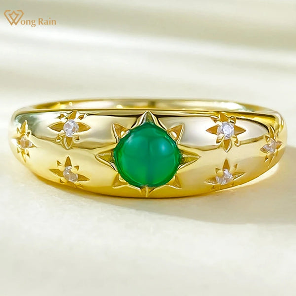 Wong Rain Vintage 18K Gold Plated 925 Sterling Silver 4 MM Round Green Jade Gemstone Wedding Party Ring Fine Jewelry for Women