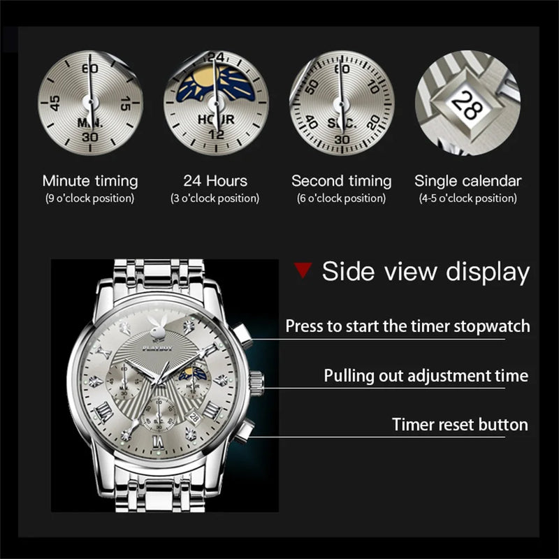 Stainless Steel Moon Phase Watch for Men