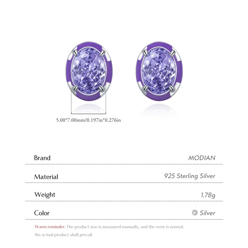 925 Sterling Silver Crushed Ice Oval Lavender Purple Enamel CZ Stud Earrings for Women