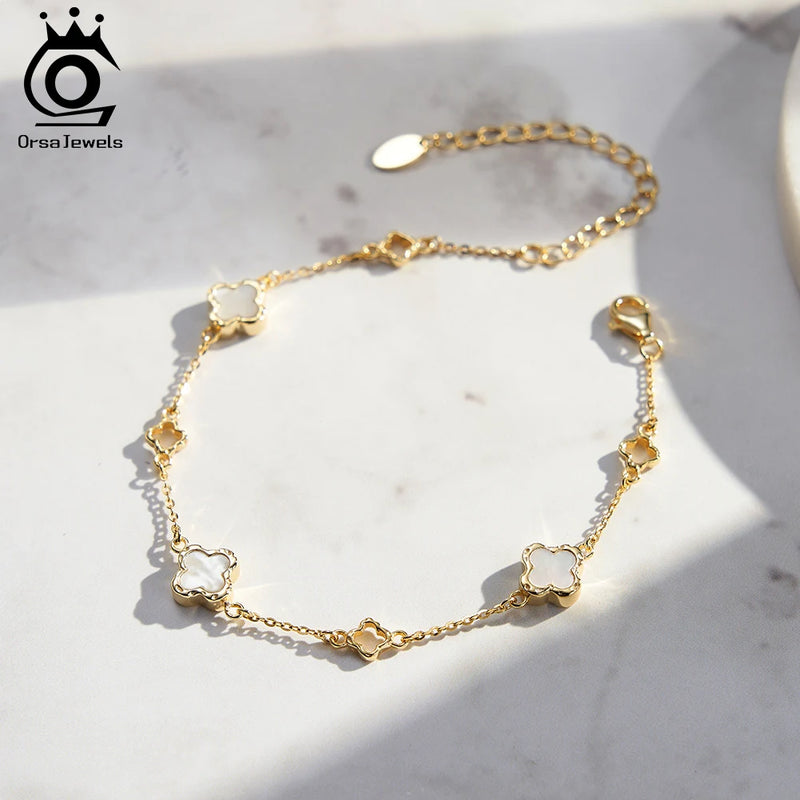 Gold Sterling Silver 925 Hand Chain Four Leaf Flower Bracelet