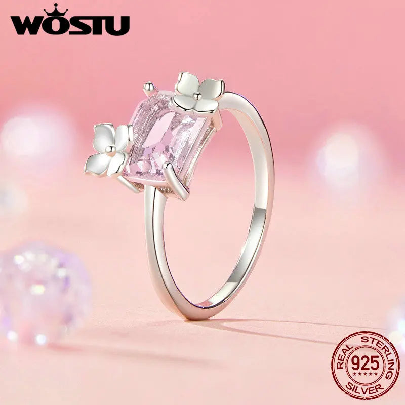 925 Sterling Silver Pink Rectangle Crystal Flower Ring for Women