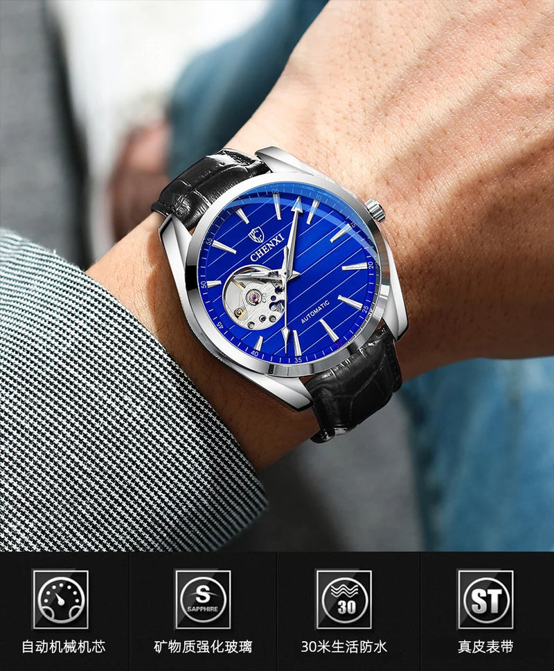 Stainless steel Leather Automatic Luminous Waterproof Watch for Men