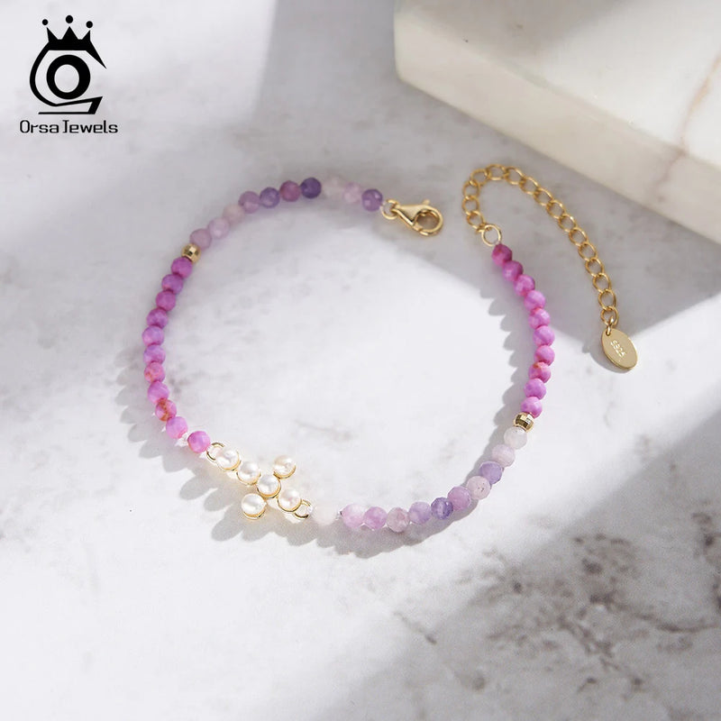 925 Silver Full Purple Mica and Freshwater Pearl Bracelet for Women