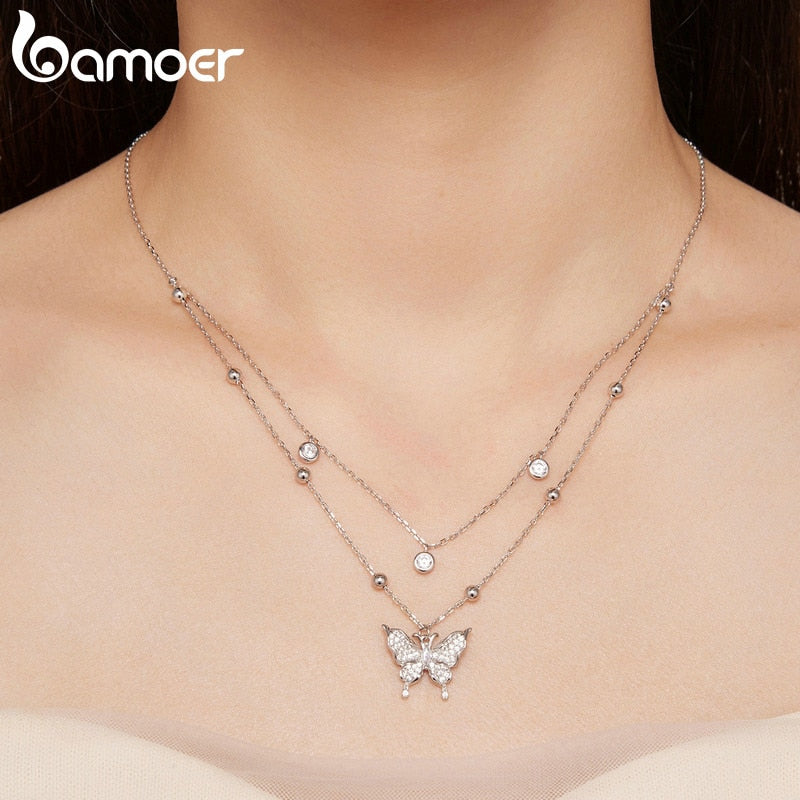 925 Sterling Silver Double-layer Tassel Butterfly Pendant Necklace for Women