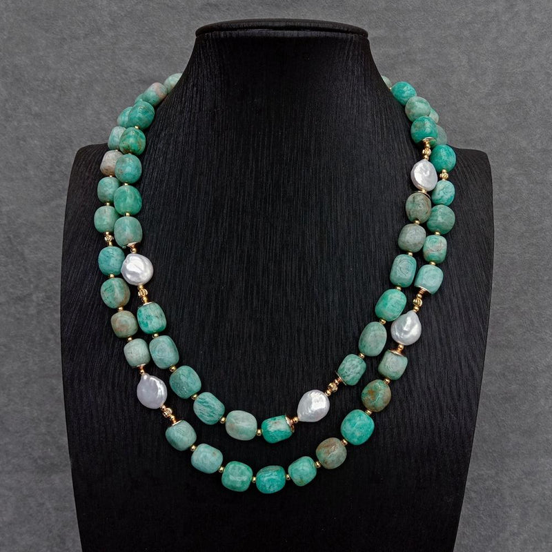 Sterling Silver Freshwater Cultured White Coin Pearl & Green Amazonite Necklace for Women