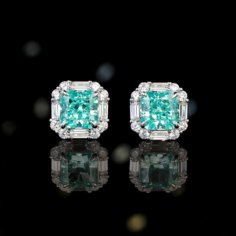 Sterling Silver Crushed Ice Cut Lab Sapphire, Emerald Paraiba Tourmaline Stud Earrings for Women