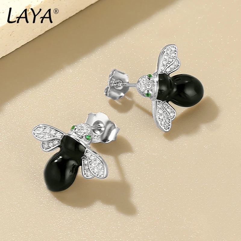 Sterling Silver Enamel Bee Stud Earrings with Sparkling Zircon for Girl