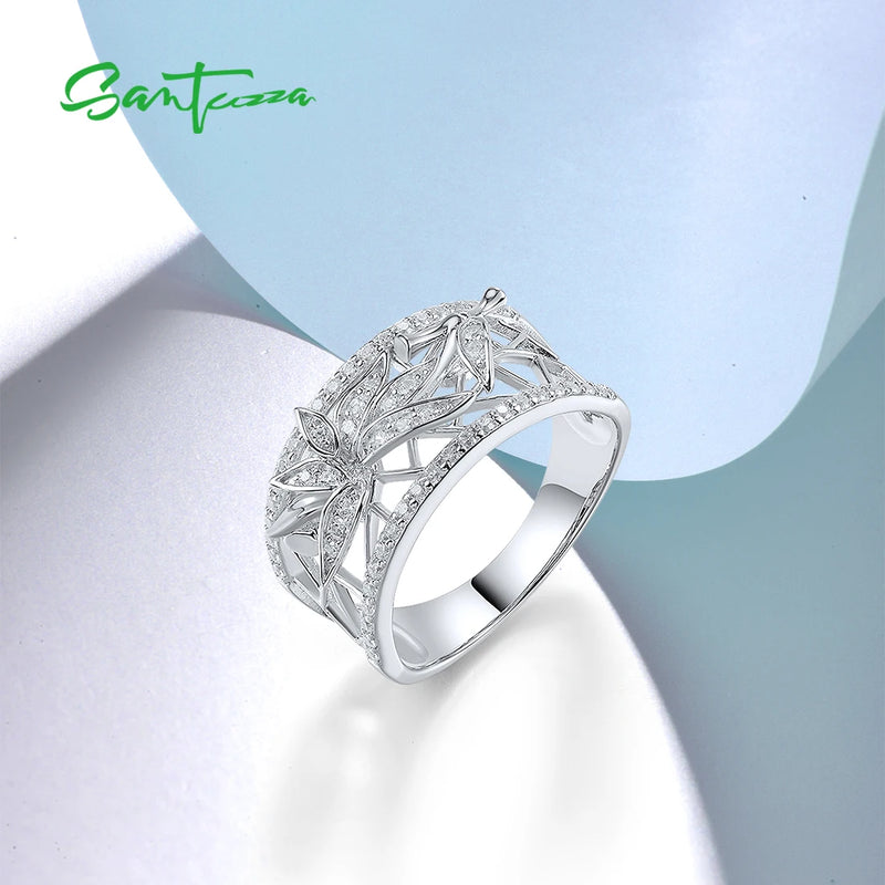 925 Sterling Silver Rings with Sparkling White Cubic Zirconia and Bamboo Leaves