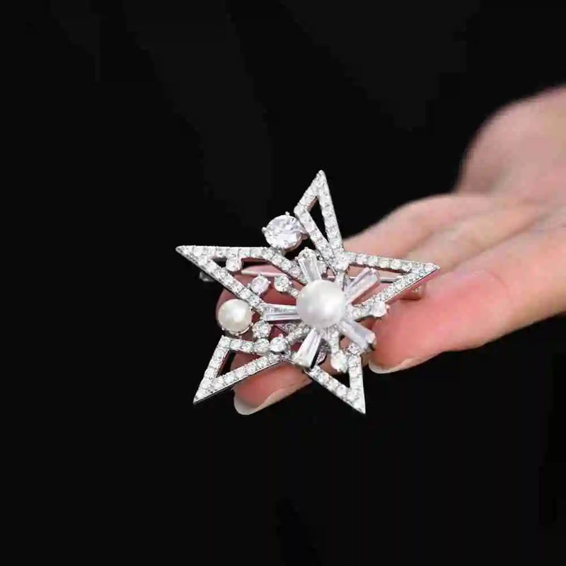 Sterling Silver Freshwater Pearl White Sapphire Diamond Star Brooch for Women