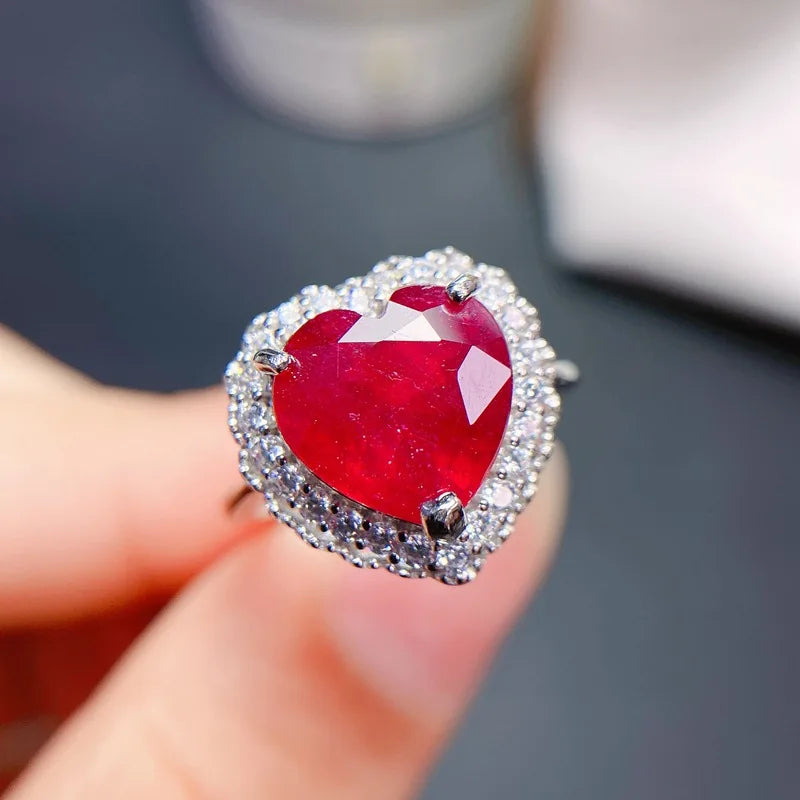 925 Sterling Silver Natural Real Ruby Heart Shape Ring for Women