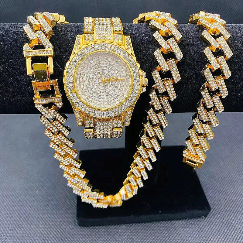 Gold Iced Out Diamond Men's Watch and Jewelry Set with Cuban Link Chain