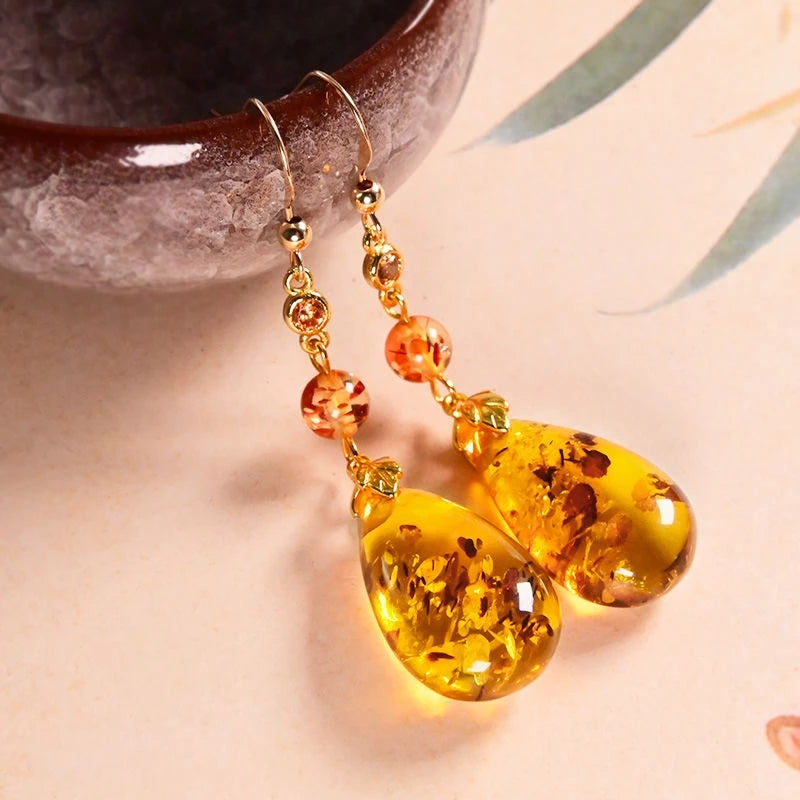 Sterling Silver Amber Dangle Earrings