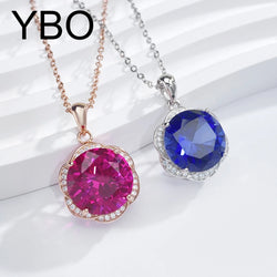 925 Sterling Silver Blue Red Corundum Flower Necklace for Women