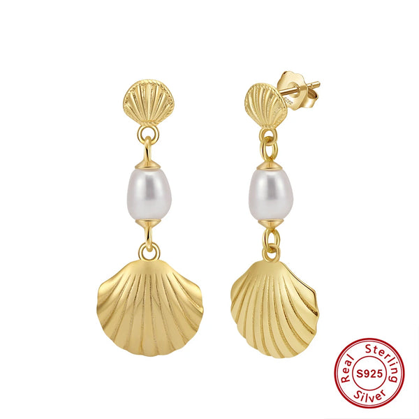 925 Silver 14k gold Plate Pearl Shell Drop Earrings