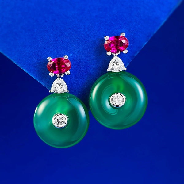 Wong Rain Vintage 100% 925 Sterling Silver Lab Ruby Sapphire Natural Green Jade Gemstone Drop Earrings for Women Party Jewelry