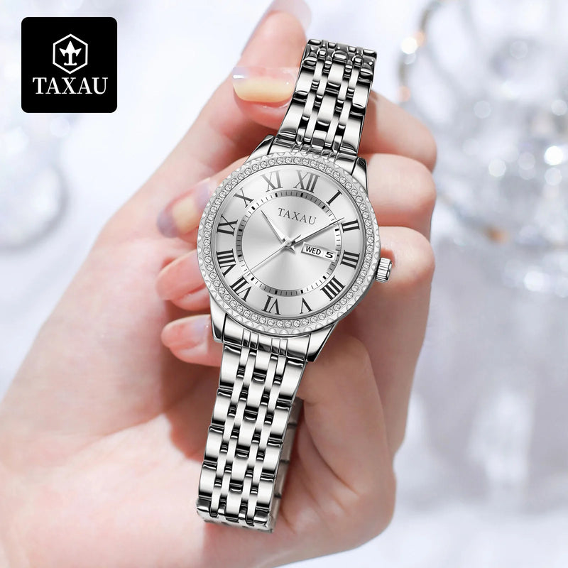 Stainless Steel Luxury Waterproof Luminous Quartz Calendar Watch for Women