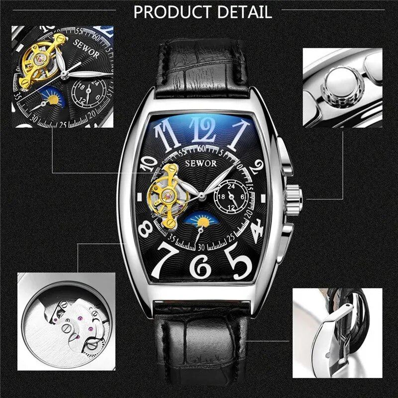 Stainless Steel Genuine Leather Strap Automatic Mechanical Watch with Moon Phase and Tourbillon for Men