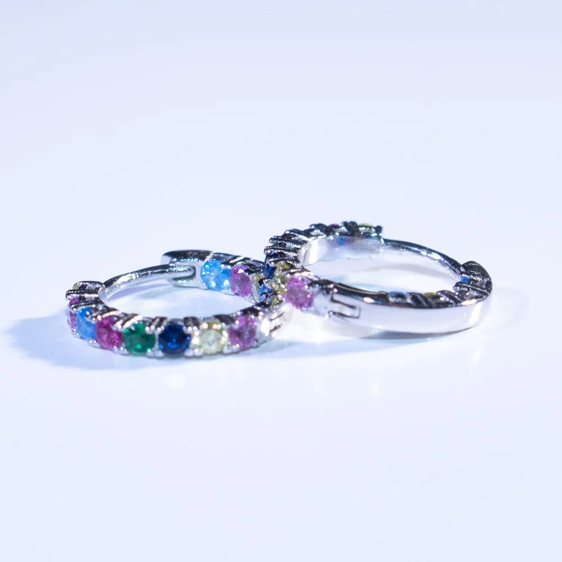 925 Sterling Silver Round Rainbow Cubic Zirconia Hoop Earrings for Women