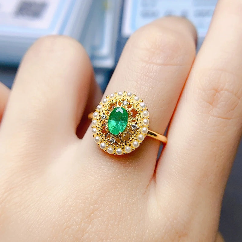 Sterling Silver Natural Emerald Ring for Women