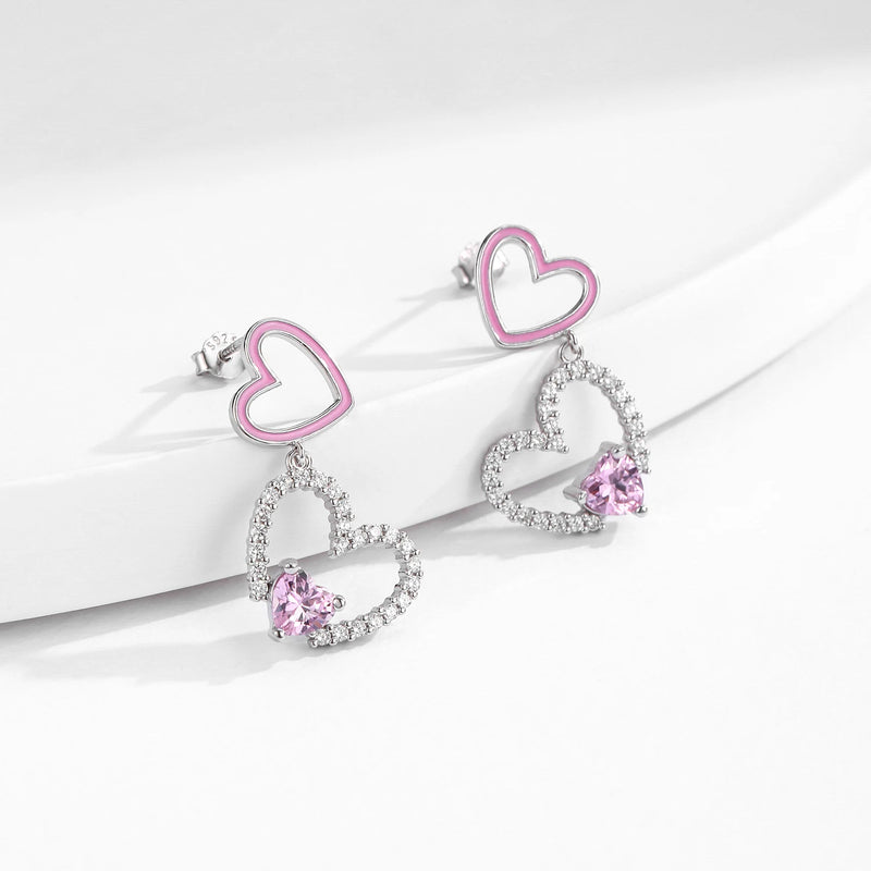 Sterling Silver Pink CZ Enamel Heart Dangle Earrings for Women