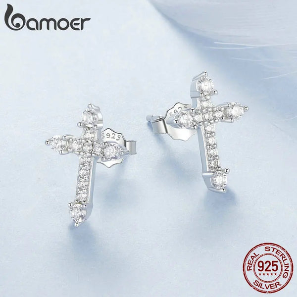 Platinum Plated Sterling Silver Cross Stud Earrings with CZ 925.