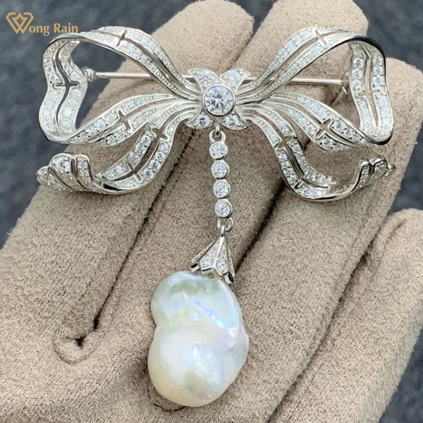 Wong Rain Elegant 925 Sterling Sliver Baroque Pearl High Carbon Diamond Gemstone Bowknot Brooch Brooches Fine Jewelry Gifts