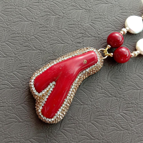 Y.YING Freshwater Cultured White Coin Pearl White Sea Shell Choker Necklace Red Coral Branch Pendant