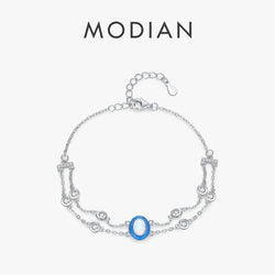 Sterling Silver Double Layer Link Chain Charm Bracelet with Gradient Enamel Oval Opal for Women