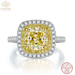 925 Sterling Silver 3CT Cushion Cut Yellow Sapphire and Moissanite Ring for Women