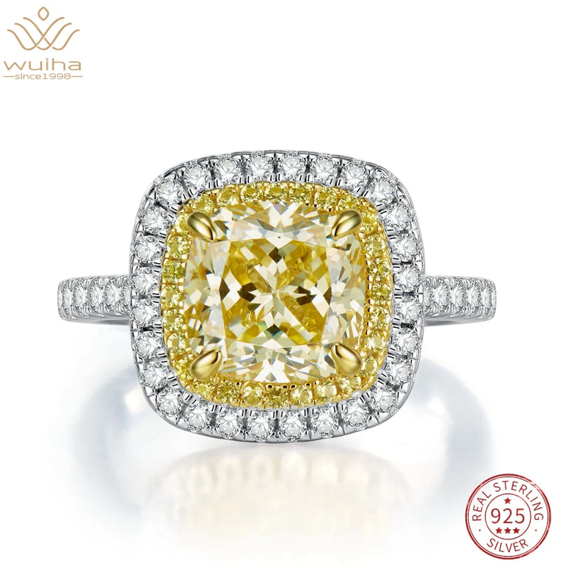 925 Sterling Silver 3CT Cushion Cut Yellow Sapphire and Moissanite Ring for Women