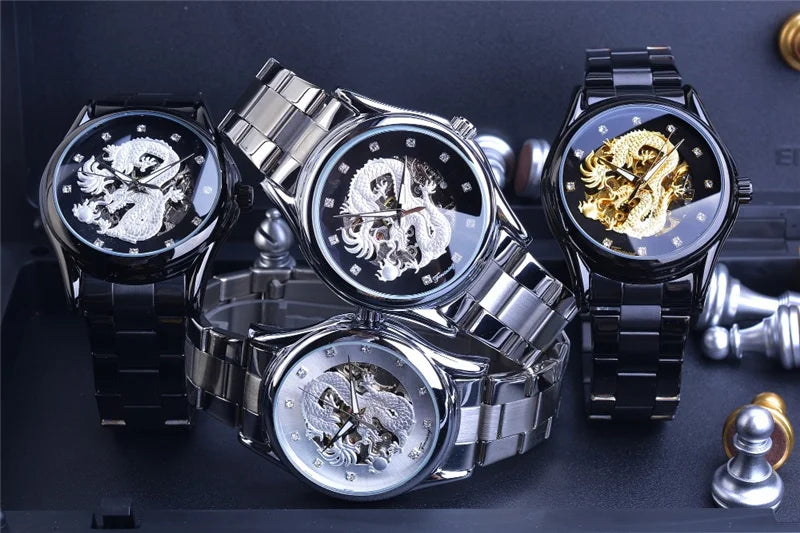 Golden Stainless Steel Skeleton Automatic Mechanical Watch for Men