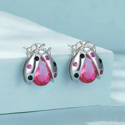 S925 Sterling Silver Pink Ladybug Stud Earrings for Woman