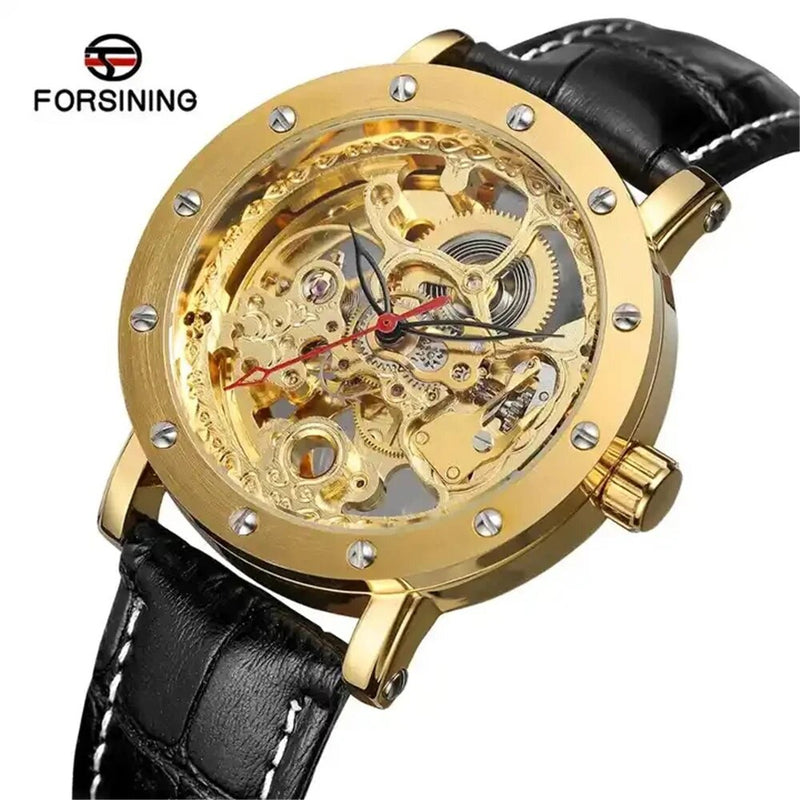 Stainless Steel Leather Skeleton Hollow Watch for Men