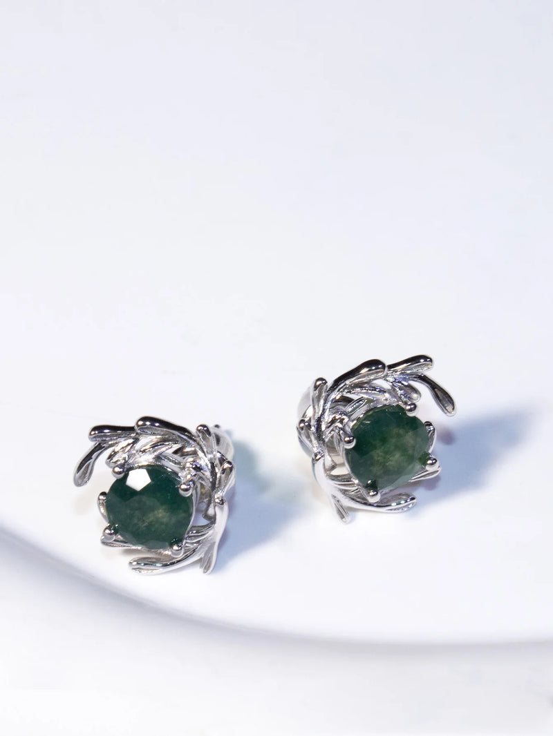 925 Sterling Silver Water Grass Agate Stud Earrings for Woman